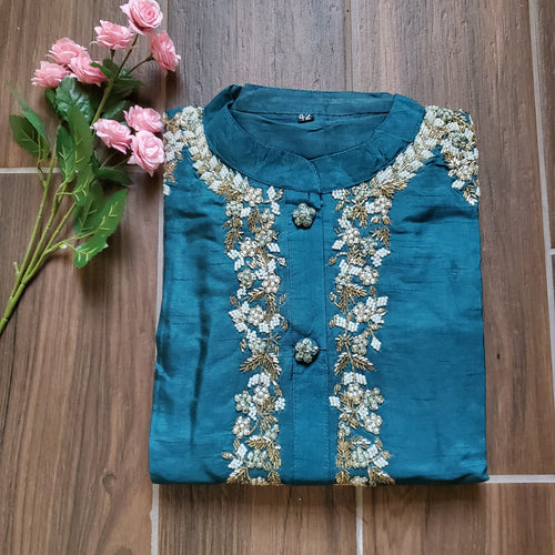 Teal Embroidery Muslin Silk 3 Pc Embroidery Set