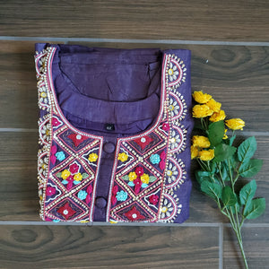 Heavy Embroidery 3 PC Kurti Set Brinjal