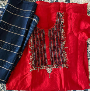 Red-Blue Muslin Kurti Set With Embroidery