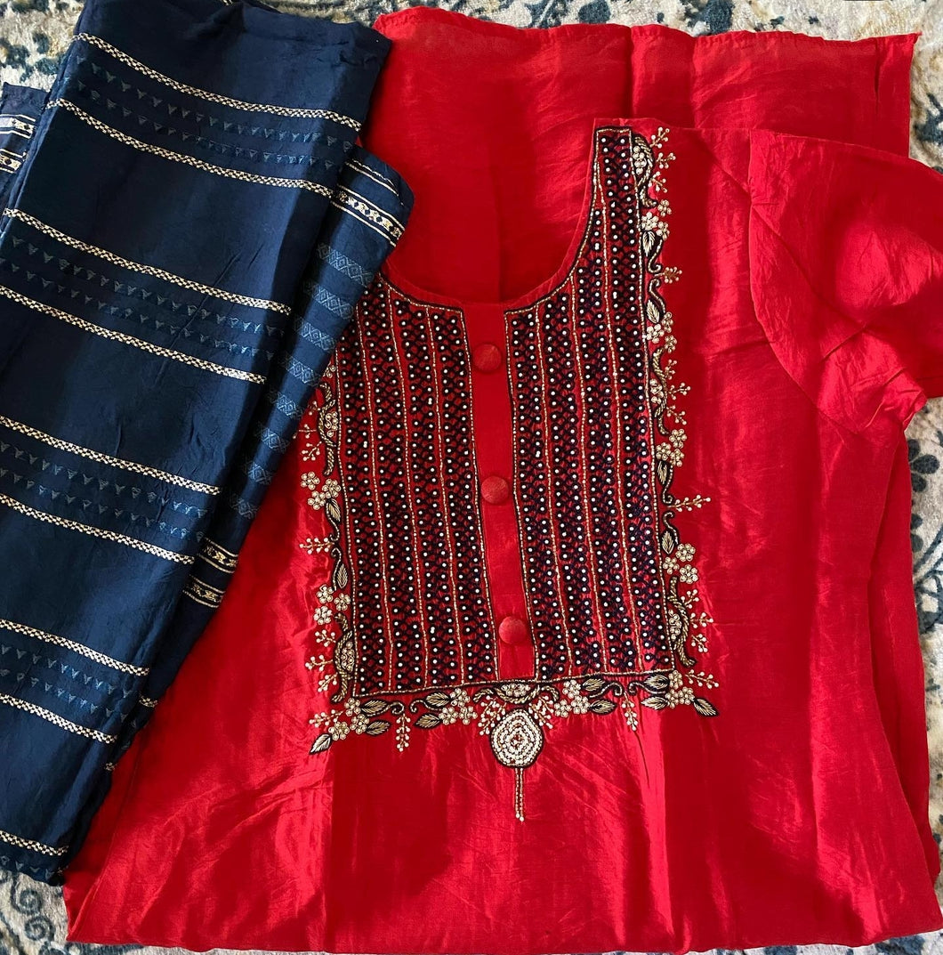 Red-Blue Muslin Kurti Set With Embroidery