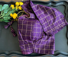 Load image into Gallery viewer, Pure Raw Silk Deep Purple Checks Blouse