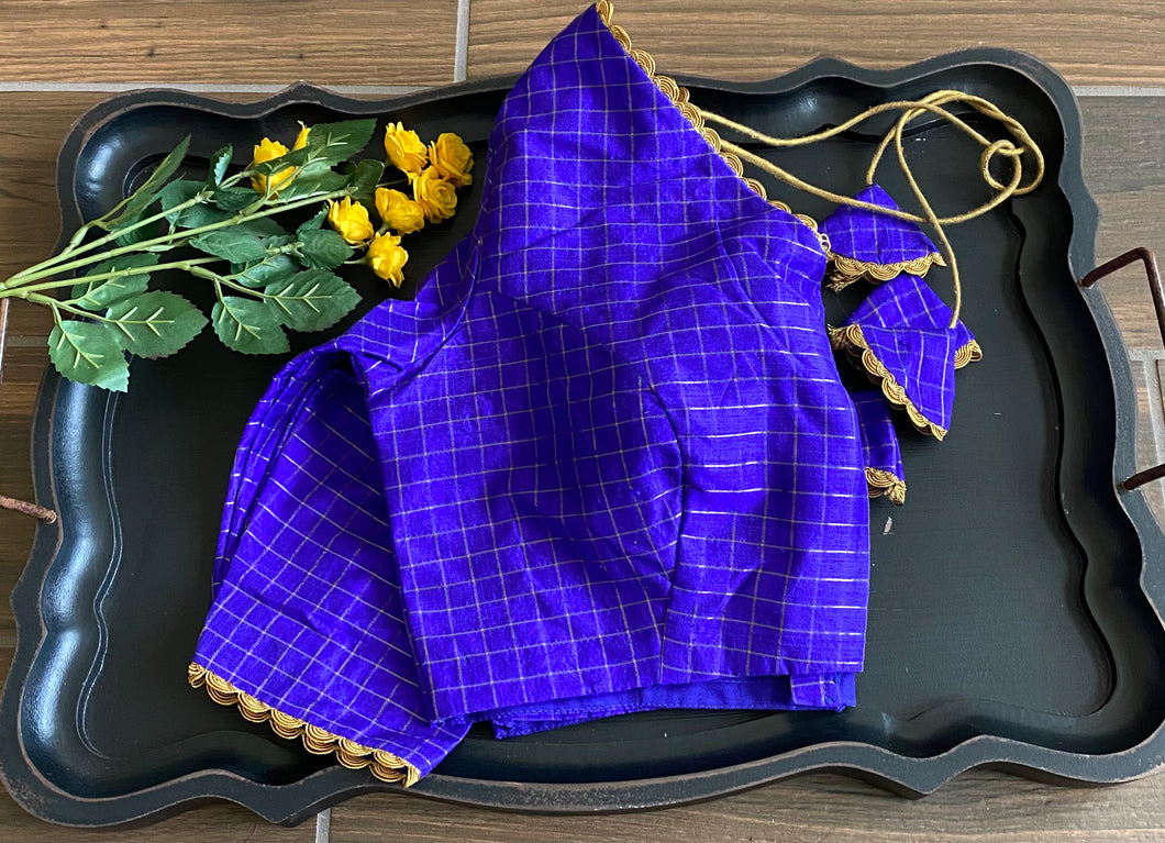 Pure Raw Silk Deep Blue Checks Blouse